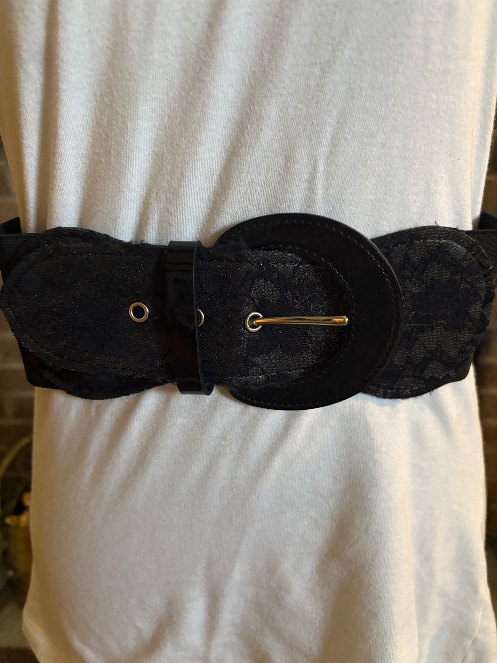 Women's Black Lace Stretch Belt with Round Buckle